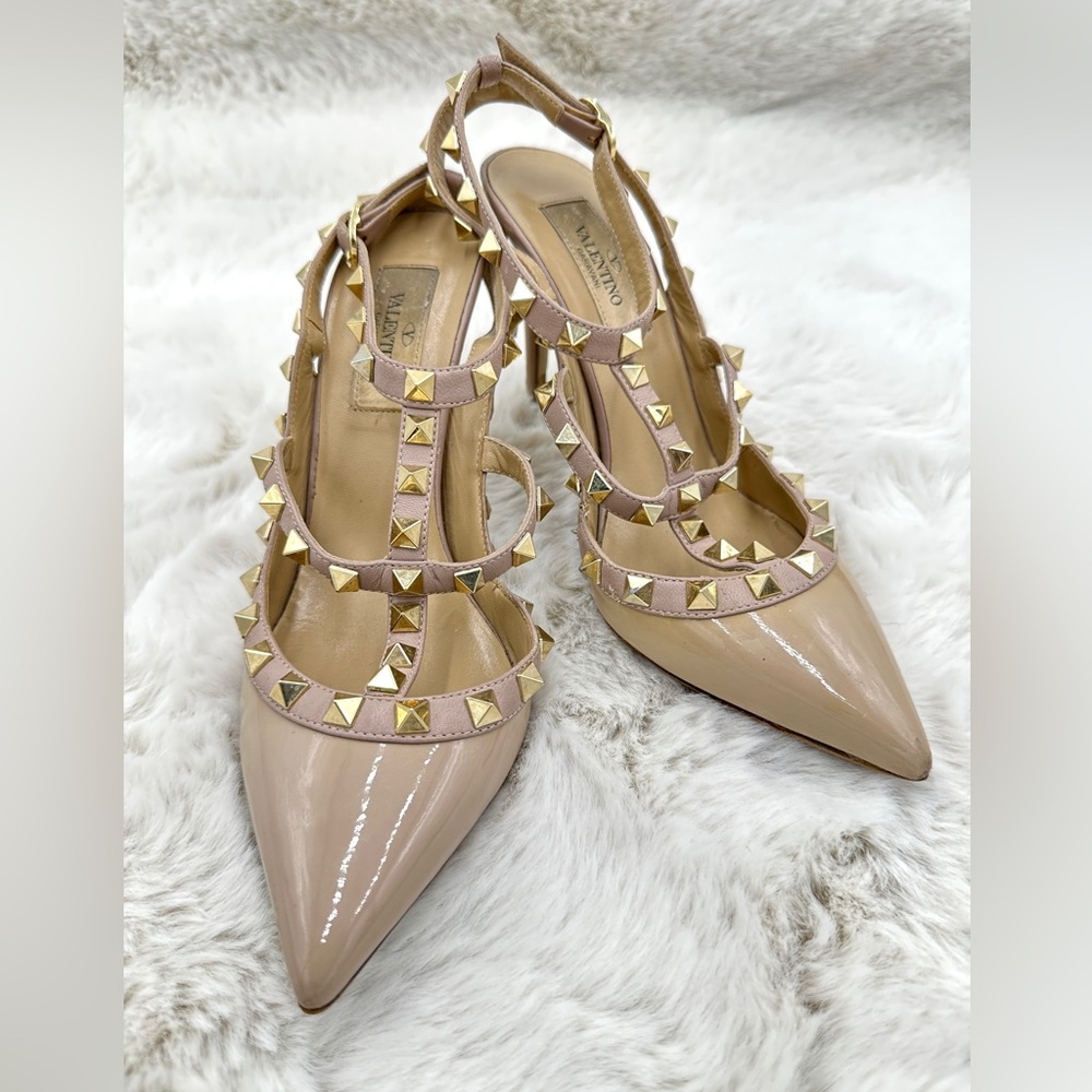 Valentino Rockstud T-‎ Strap Pointed Toe Pump tan heels 36 US 6 - Picture 3 of 16